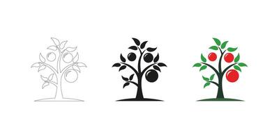 Tomato Tree Illustration in Three Styles - Editable Stroke Outline, Silhouette, and Colorful vector