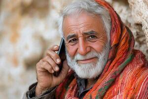 An elderly man in national oriental clothing is calling on a mobile phone. He looks at the camera and smiles. photo