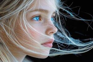 The face of a beautiful girl with blue eyes and white hair in profile. photo