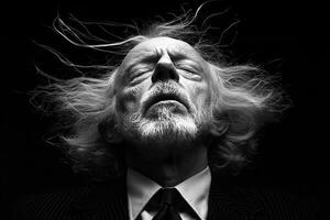 A man with wild white hair is wearing a suit and tie against a dark background. The angle draws attention to the dramatic hairstyle and formal attire. photo