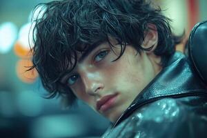 A handsome young man looked back at the camera. The atmosphere was sad and regretful. photo