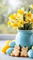 A cozy Easter background with a close up of a table decorated with bunny shaped cookies colorful eggs and a vase of daffodils in soft sunlight photo
