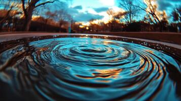 Vibrant close up of water ripples in a park setting at sunset, symbolizing tranquility and reflection, with a warm, contrasting palette photo