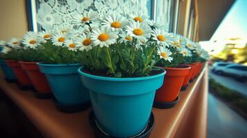 Potted daisies in colorful pots on a windowsill, symbolizing fresh beginnings and spring gardening, perfect for Earth Day concepts photo