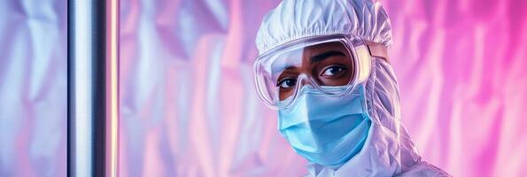 A Black healthcare worker in a protective suit, addressing pandemic challenges, is set against a futuristic purple and pink backdrop photo