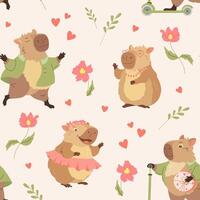 Funny capybaras in love seamless pattern Charming biggest rodent with different poses and emotion on Valentines love day Cute background for kids apparel, greeting card design, fabric, print, textiles vector