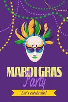 Celebrate in style with this carnival flyer, featuring bold mask design and vibrant color. layout brings spirit of masquerade party to life Perfect for creating invitation, poster, event banner vector