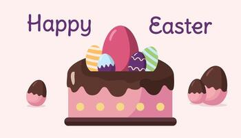 Easter-themed card featuring a chocolate cake topped with colorful eggs, surrounded by chocolate eggs on pastel background. Celebration concept vector