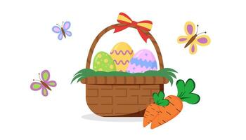 Easter basket with decorated eggs and carrots, surrounded by butterflies on a white background. Concept of spring celebration vector