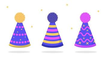 Three vibrant party hats with pom-poms, featuring stripes, polka dots, and wavy patterns, set on a white background with sparkles vector