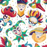 Amazing seamless pattern featuring variety of ornate carnival masks Each masquerade mask is decorated with intricate design, feathers and beads capturing lively spirit of festive celebrations vector