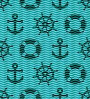 Seamless background with blue wave and ship symbols. vector