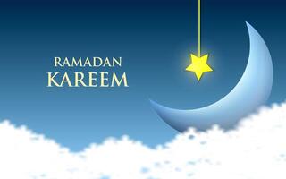 Ramadan Kareem Horizontal Banner with Crescent Moon, Clouds and Stars in the Background. vector