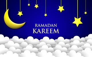 Ramadan Kareem Horizontal Banner with Golden Moon, 3d Paper cut Clouds and Stars on Background. vector