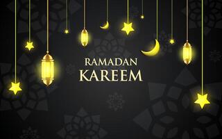 Ramadan kareem background with a combination of lanterns, crescent moon and arabic calligraphy. Islamic background for posters, banners, greeting cards and more. vector