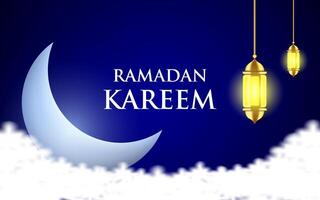 Islamic greetings ramadan kareem card design background with lantern and crescent moon. vector