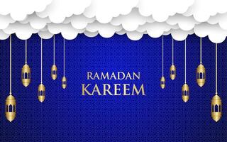 Ramadan Kareem banner background template design Decorated with realistic arabic lanterns and clouds. vector