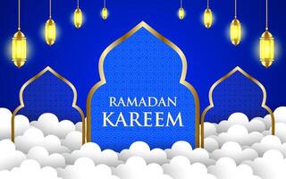 Ramadan Kareem concept banner, gold 3d frame arabesque window on background, beautiful arabesque pattern. vector