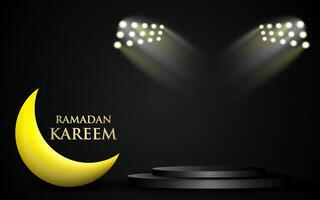 Islamic themed products display background with podium and empty space. studio stage with golden crescent moon. vector