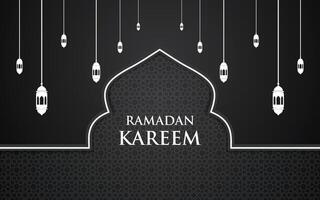 Ramadan Kareem Islamic greeting mosque dome design with arabic pattern lanterns and calligraphy vector