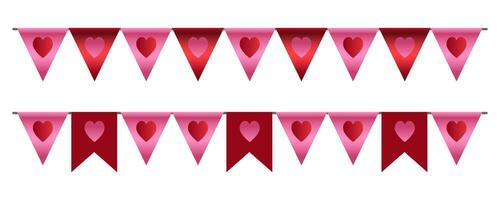 Cute design garland of flags. Valentines Day Festive Red pennants with hearts isolated on white background. Wedding, birthday, valentines day concepts. Perfect background For Poster. Flat style vector