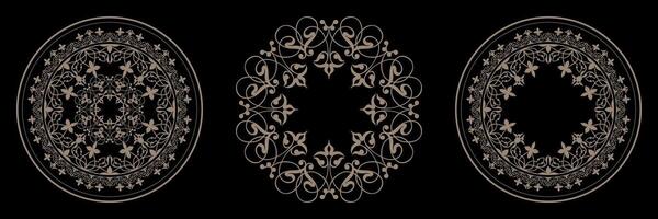 Collection of decorative luxury gold round frames for design. Circle gold modern frame. Elegant element for design in Eastern style. Template for textile, engraving, invitation, embroidery, porcelain vector