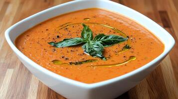 Healthy Food Revolution, Creamy tomato bisque topped with basil leaves and a drizzle of olive oil photo