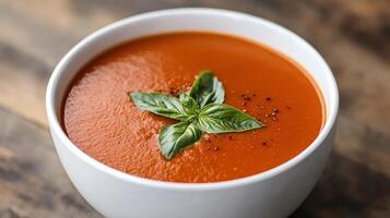 Healthy Food Revolution, Tomato bisque garnished with fresh basil, delivering warmth and indulgence. photo