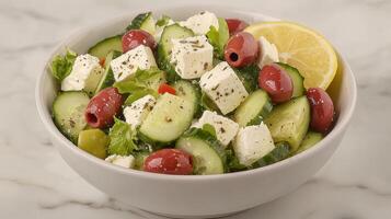 Greek salad bowl with feta, olives, and cucumber slices, served with zesty lemon wedges. photo