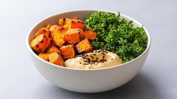 Healthy Food Revolution, Roasted sweet potatoes, kale, and hummus for healthy vibes photo