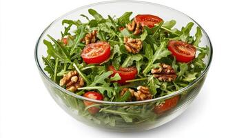 Healthy Food Revolution, Fresh green salad with arugula, cherry tomatoes, and walnuts photo