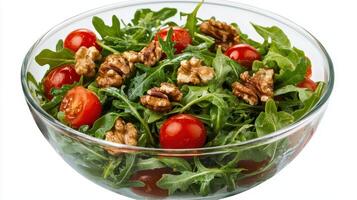 Vibrant green salad with arugula, cherry tomatoes, and crunchy walnuts for a healthy boost. photo