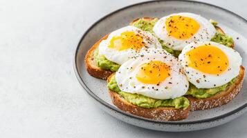 Healthy Food Revolution, Poached eggs with smashed avocado on whole-grain toast photo