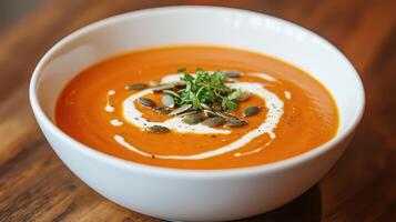 Healthy Food Revolution, Roasted pumpkin soup, garnished with a swirl of coconut cream and pumpkin seeds photo