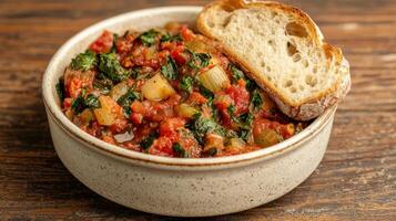 Healthy Food Revolution, Bowl of hearty vegetable stew with rustic sourdough bread on the side photo