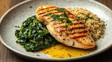 Healthy Food Revolution, Grilled chicken with quinoa and spinach, finished with a drizzle of olive oil photo