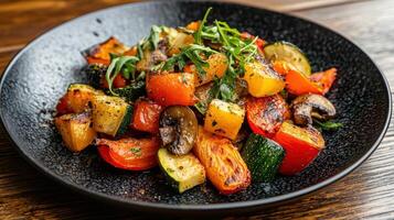 Healthy Food Revolution, Roasted vegetable platter with zucchini, bell peppers, and mushrooms photo