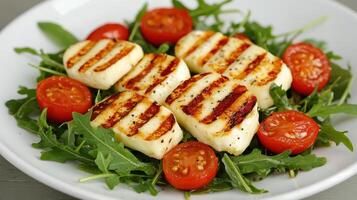 Healthy Food Revolution, Platter of grilled halloumi cheese with cherry tomatoes and arugula photo