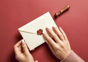 Elegant christmas greeting card concept with festive red wax seal and envelope photo