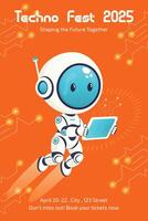 technology festival flyer template with cute robot with tablet flat illustration vector