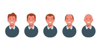 Male hair loss stages set. Top view portrait of a balding man. Baldness pattern scheme. vector
