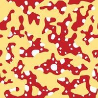 Toadstool, bubbles shape camouflage background. Bright coloring of the mushroom fly agaric camo texture. Seamless organic spots pattern. Yellow and red with white color vector