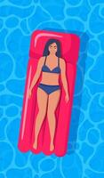 Woman lying on inflatable mattress against water background. Water surface with ripple, top view textured. Sun light reflection in water, top view swimming pool, ocean, sea. illustration. vector