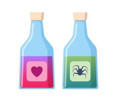 Flasks with potions. Magic bottles for witchcraft, elixir, love potion poison and antidote. illustration. vector