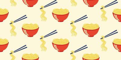 Pattern of Ramen Noodles and Chopsticks. Seamless pattern of ramen noodles being lifted by chopsticks from a red bowl. For wallpaper, fabric, wrapping paper. vector