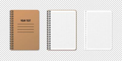 Vertical spiral notebook illustration with clean, blank sheets. Includes three variations on a background. Mockups. vector