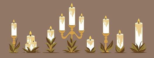 set of different candles isolated on a beige background, wax candles in candlesticks in the form of leaves and plants, creative design, flat vector