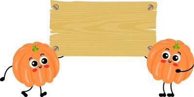 Two funny pumpkins mascot holding a empty wooden signboard vector