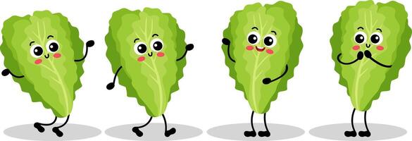 Set of funny green lettuce mascot in different positions vector
