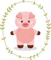 Adorable Piglet in Green Leaf Frame vector